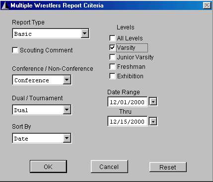 Multiple Wrestlers Reports Criteria screen