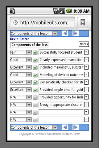 Typical Observation \ Evaluation Tab