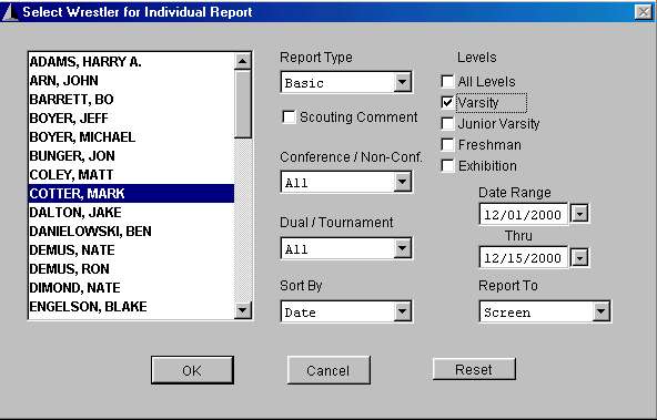 Individual Wrestler Reports screen