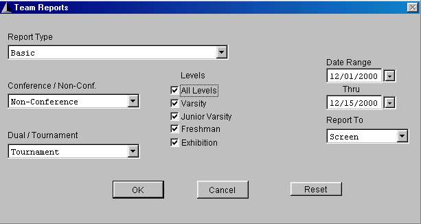 Enter Team reports screen