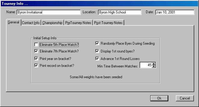 General Tourney Information screen