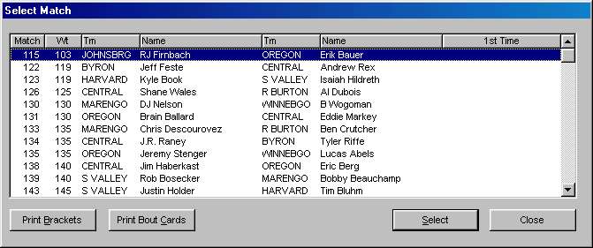 Select Match to Enter Results screen