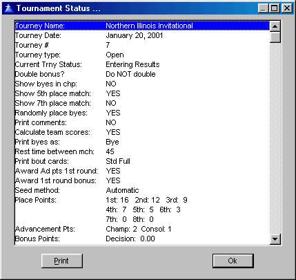Tourney Status screen
